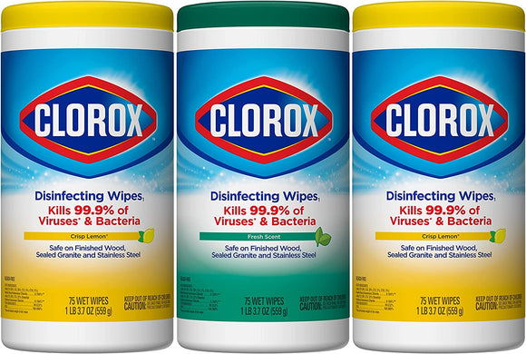 CLOROX DISINFECTING WIPES (3 Pack) - Kills 99.9% of viruses and bacteria ( 3 x 75 Count Canister Tube) - Fresh Scent & Crisp Lemon
